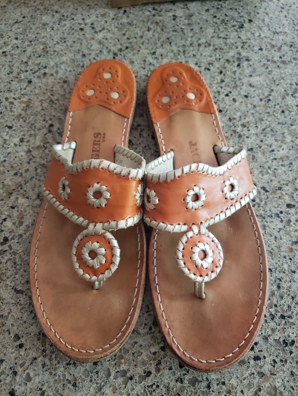 Original Jack Rogers Leather Slide Sandals w/ Wooden Heel. Orange/Pewter